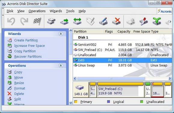 使用gparted和acronis进行Linux分区和NTFS分区无损调整