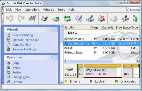 使用gparted和acronis进行Linux分区和NTFS分区无损调整