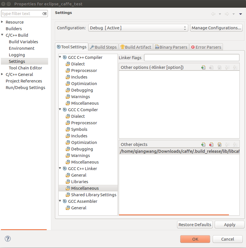 在ubuntu16.04上使用Eclipse调试基于caffe的测试代码