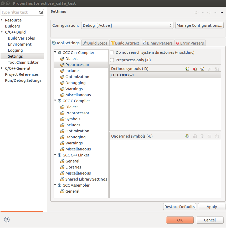 在ubuntu16.04上使用Eclipse调试基于caffe的测试代码
